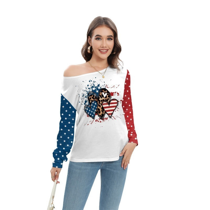 Wholesale Star Stripe Print Independence Day Fashion Off-shoulder Long Sleeve