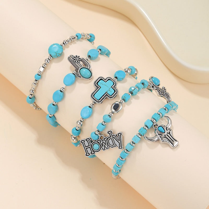 Wholesale Ethnic Style Bullhead Cactus Multi Layer Western Cowboy Turquoise Elastic Bracelet