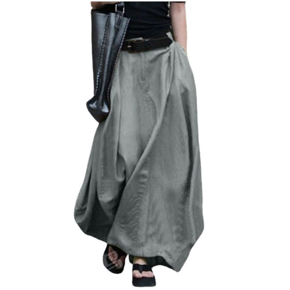 Wholesale Cotton and Linen Loose Swing Skirt Pleated A-Line Skirt