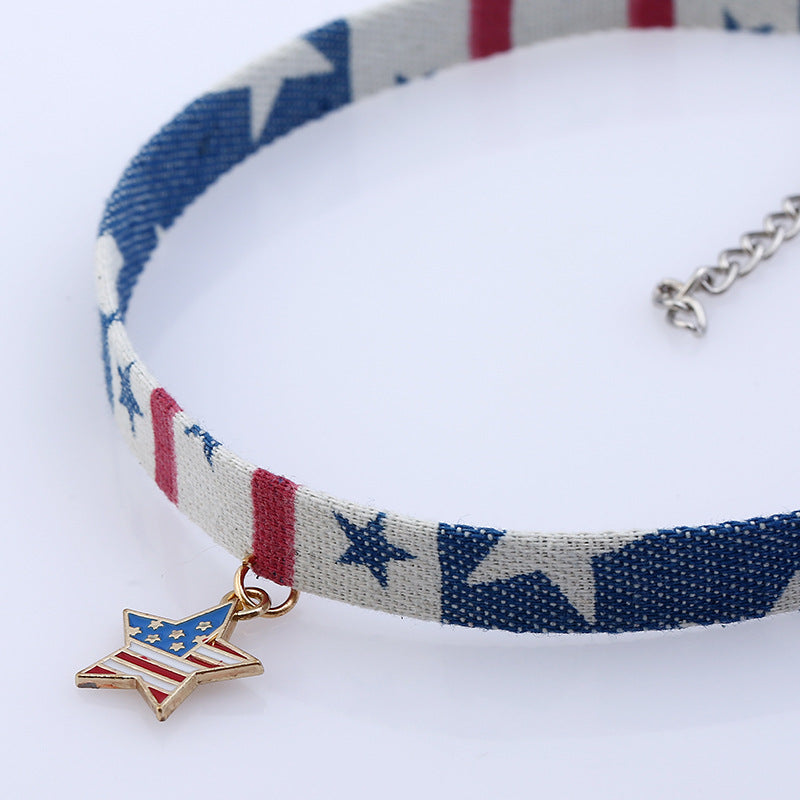 Wholesale Denim Necklace Five-Pointed Star Flag Independence Day Necklace