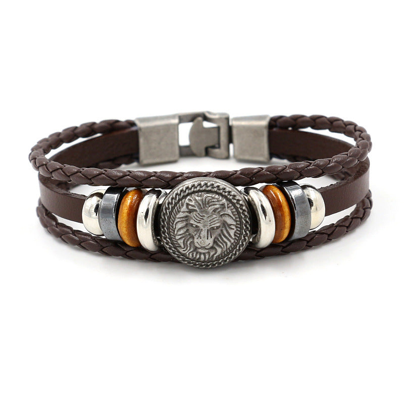 Wholesale vintage lion head studded leather men's bracelet