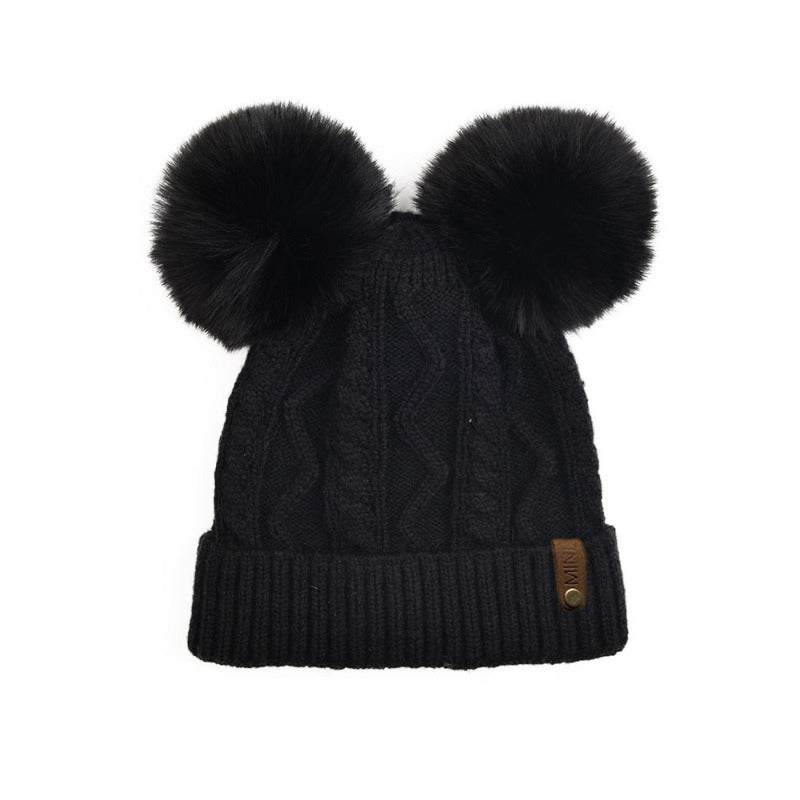 Wholesale Autumn and Winter Fleece Leather Label MINI Double Wool Ball Outdoor Warm Detachable Knitted Hat