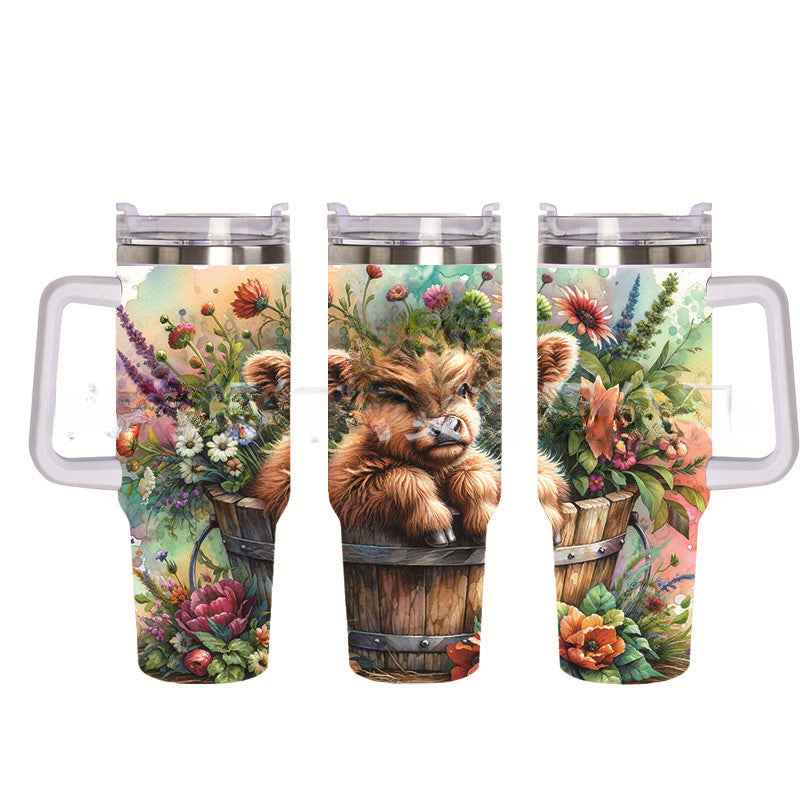 Wholesale Tumbler 40OZ Bull Head 3D Sunflower Car Cup Stainless Steel Straw Tumbler Ice Cup
