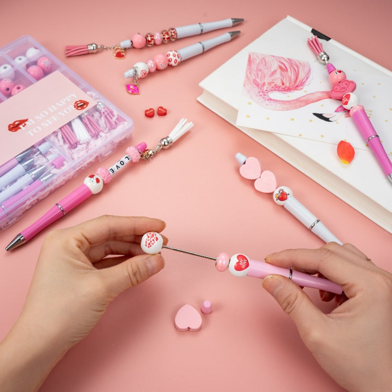 wholesale beadable pens 17 Grid Valentine's Day DIY Box Wooden Bead Letter Bead Tassel Handmade Bead Pen
