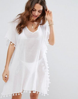 Wholesale Round Neck Chiffon Tassel Dress Loose Cover Up