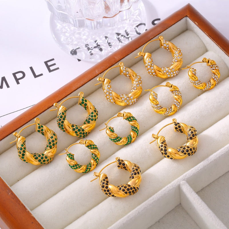 Wholesale Fashionable and Simple U-shaped Titanium Steel Inlaid Zircon Twisted Non-fading Light Luxury Temperament Earrings