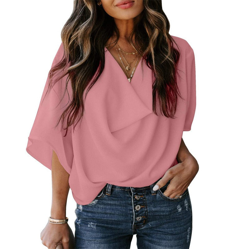 Wholesale Chiffon Shirt Loose V-neck Casual Top T-shirt