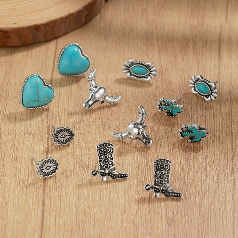 Wholesale Retro Ethnic Style Turquoise Flower Denim Cactus Alloy Earrings
