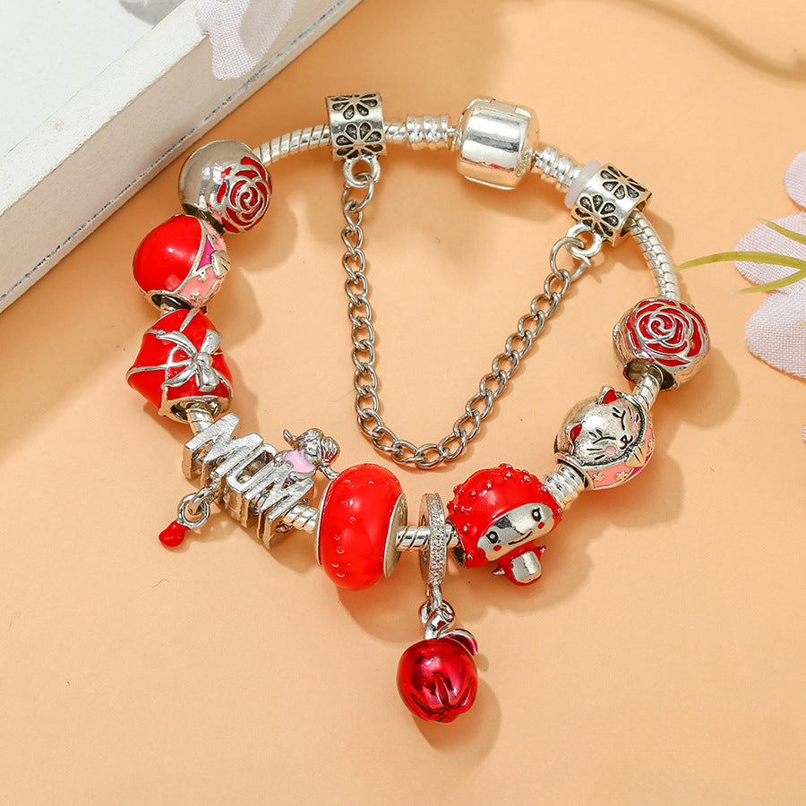 Wholesale Red Apple and Strawberry Cat and MOM Beaded Alloy Bracelet