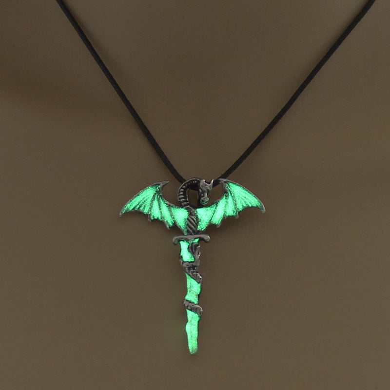 Wholesale Alloy Wing Dragon Ancient Silver Sword Night Glow Leather Rope Necklace