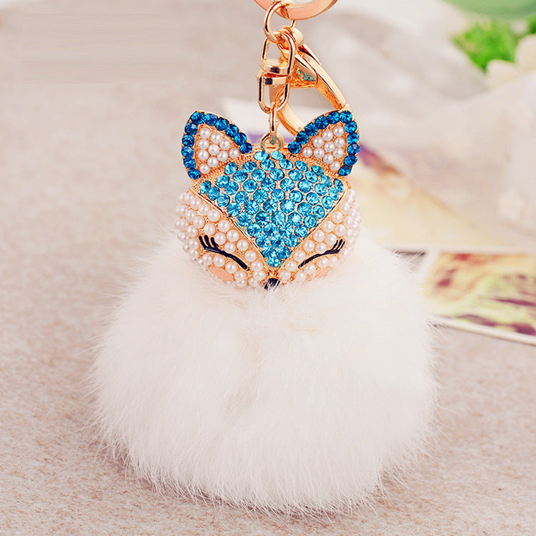 Wholesale Creative Water Diamond Fox Head Hairball Keychain