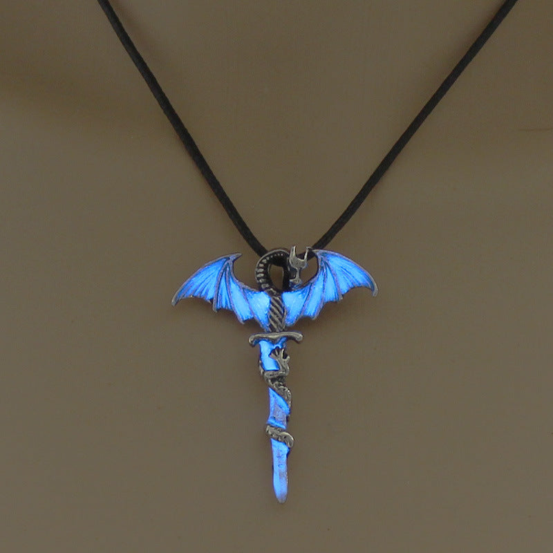 Wholesale Alloy Wing Dragon Ancient Silver Sword Night Glow Leather Rope Necklace