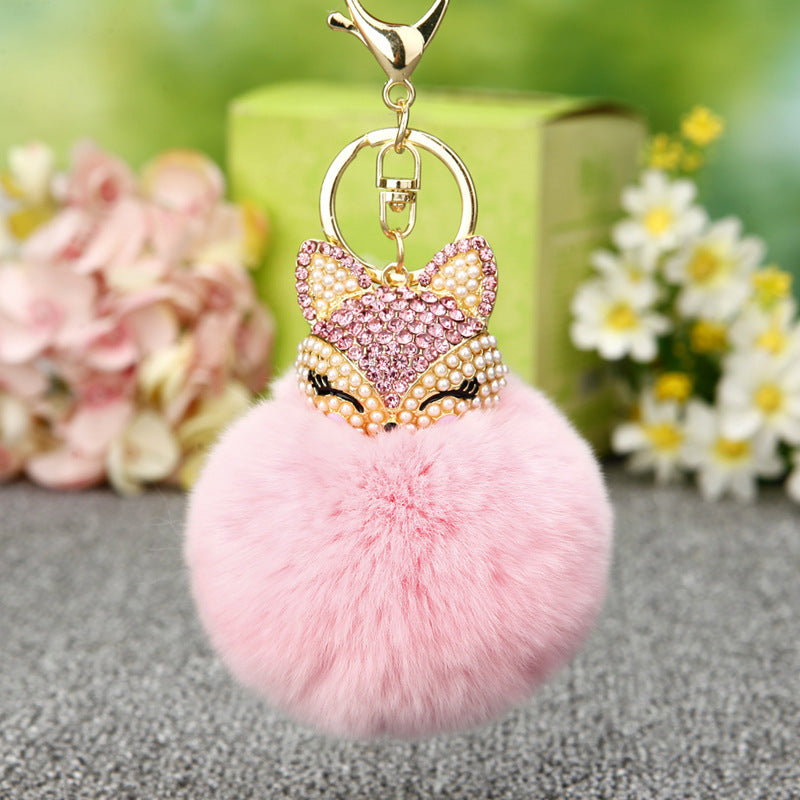 Wholesale Creative Water Diamond Fox Head Hairball Keychain
