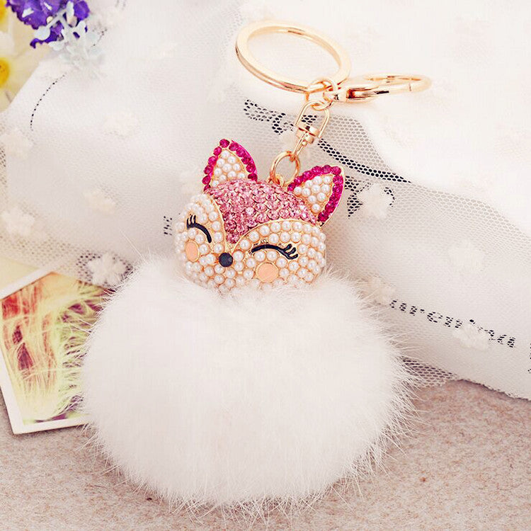 Wholesale Creative Water Diamond Fox Head Hairball Keychain