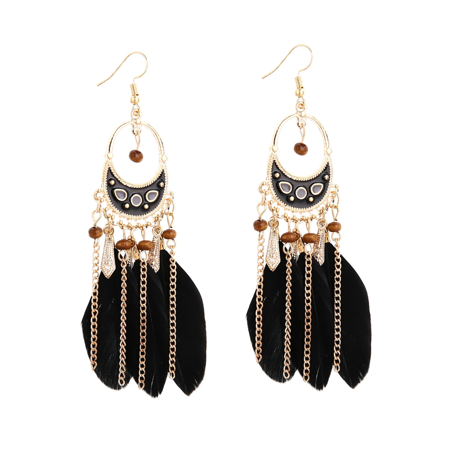 Wholesale Retro Bohemian Dreamcatcher Feather Tassel Long Drop Earrings Round Hollow Leaf Design Chic Travel Souvenir Jewelry Accessory