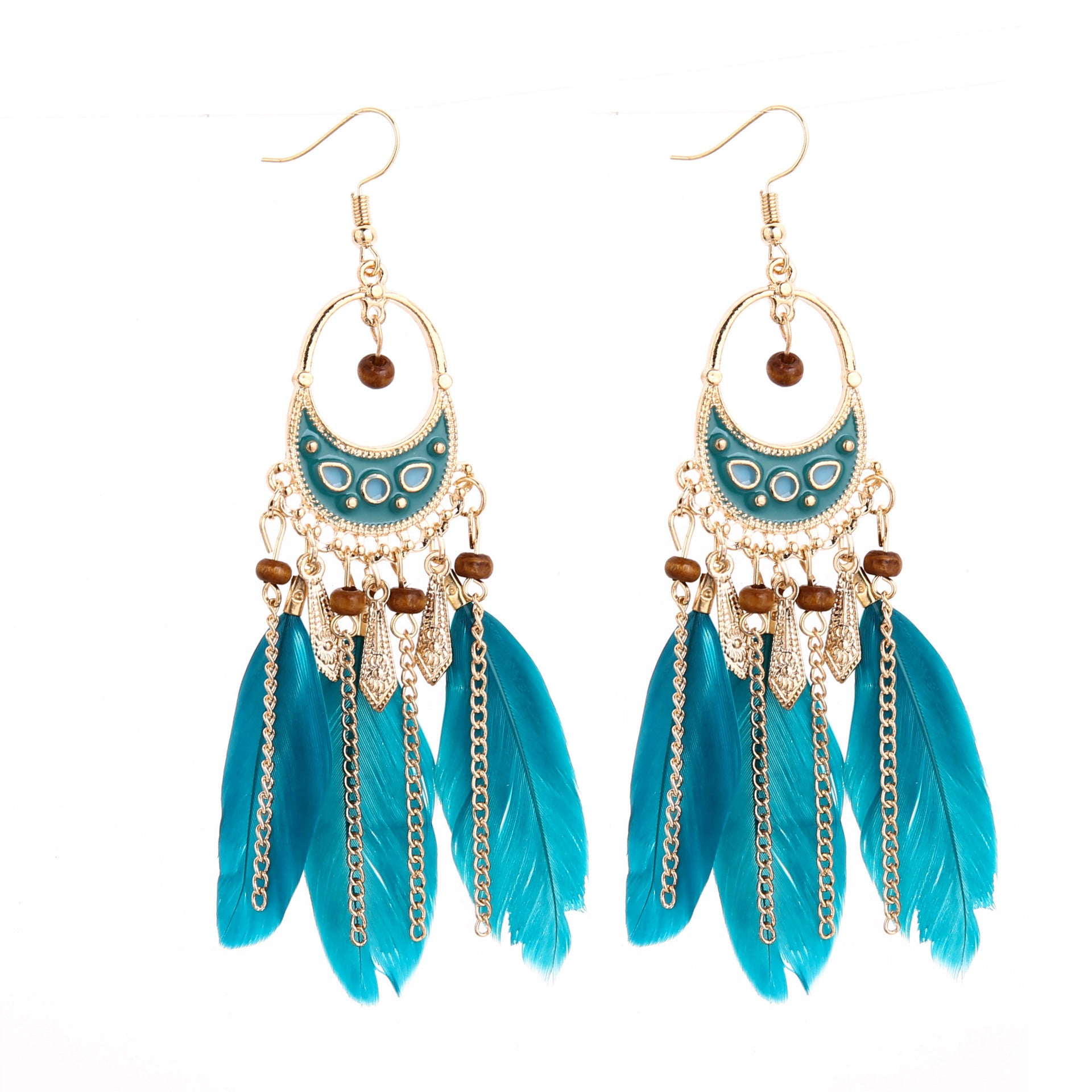 Wholesale Retro Bohemian Dreamcatcher Feather Tassel Long Drop Earrings Round Hollow Leaf Design Chic Travel Souvenir Jewelry Accessory