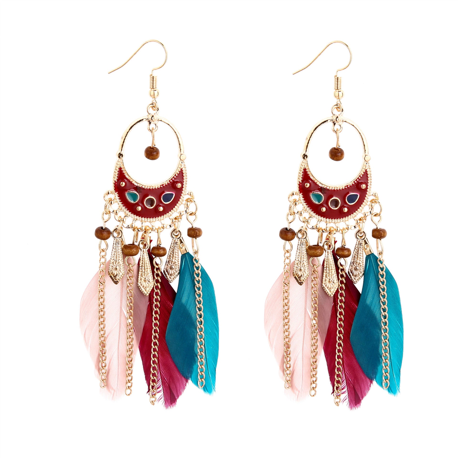 Wholesale Retro Bohemian Dreamcatcher Feather Tassel Long Drop Earrings Round Hollow Leaf Design Chic Travel Souvenir Jewelry Accessory