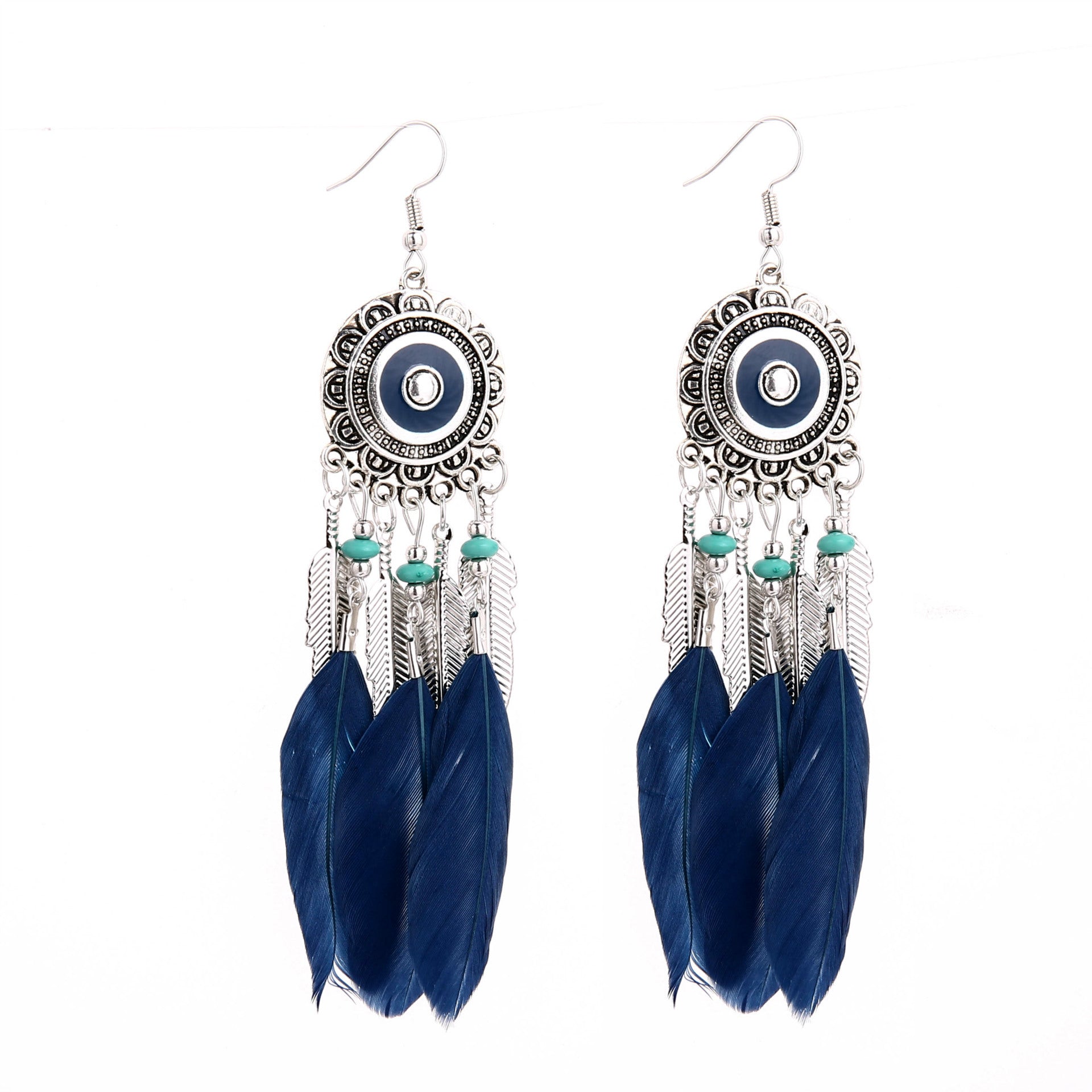 Wholesale Round Disc Tassel Earrings Bohemian Feather Chain Dangle Jewelry Accessory For Party Wear Boutique Resale