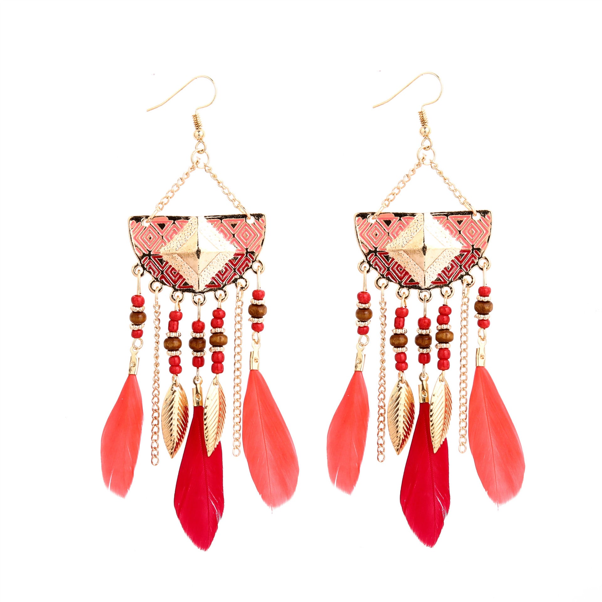 Wholesale Bohemian Earrings With Colorful Feathers And Beaded Tassel Travel Souvenir Gift Jewelry Accessory