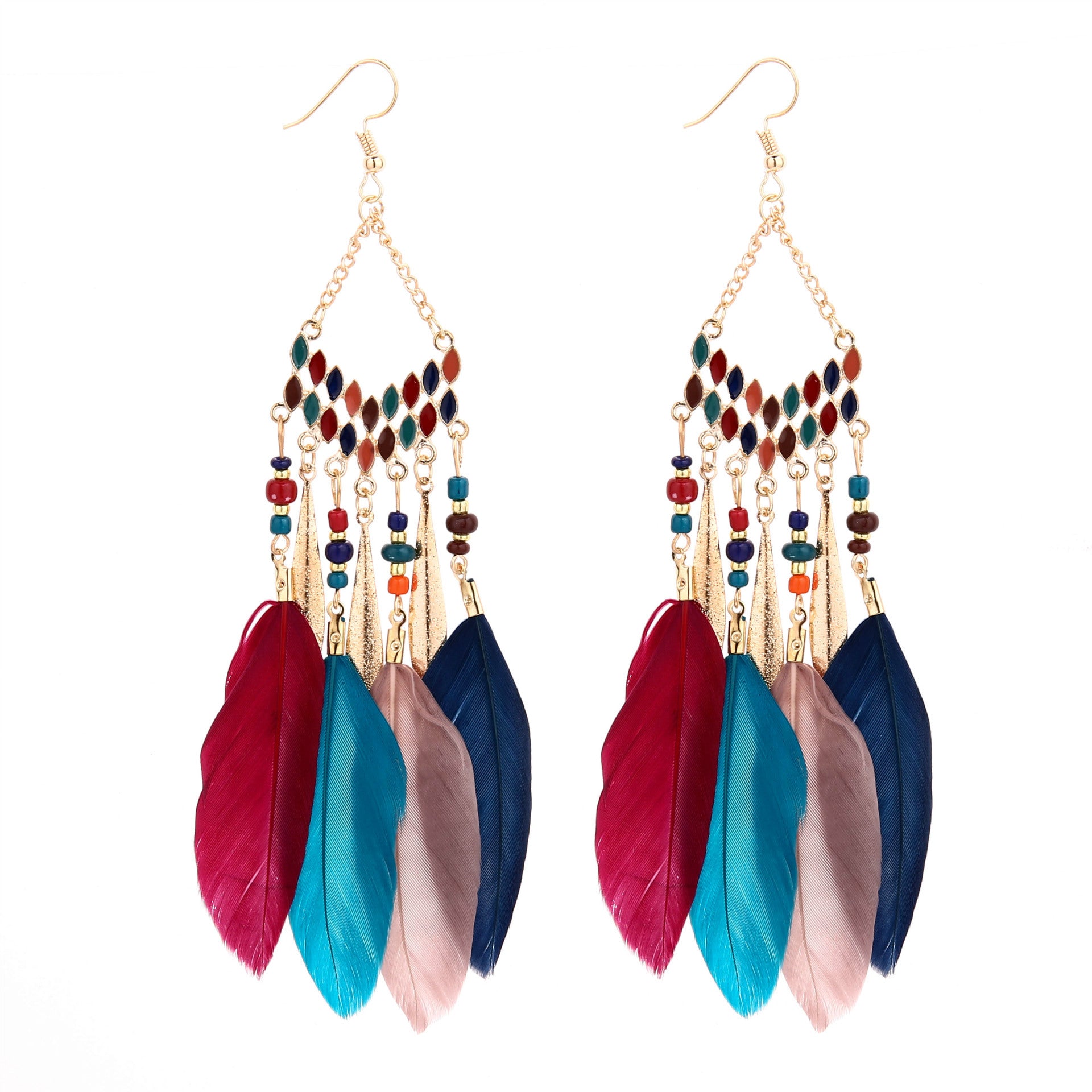 Wholesale Bohemian Beaded Tassel Feather Earrings Fashion Jewelry Accessory Gift For Wedding Boutique Resale