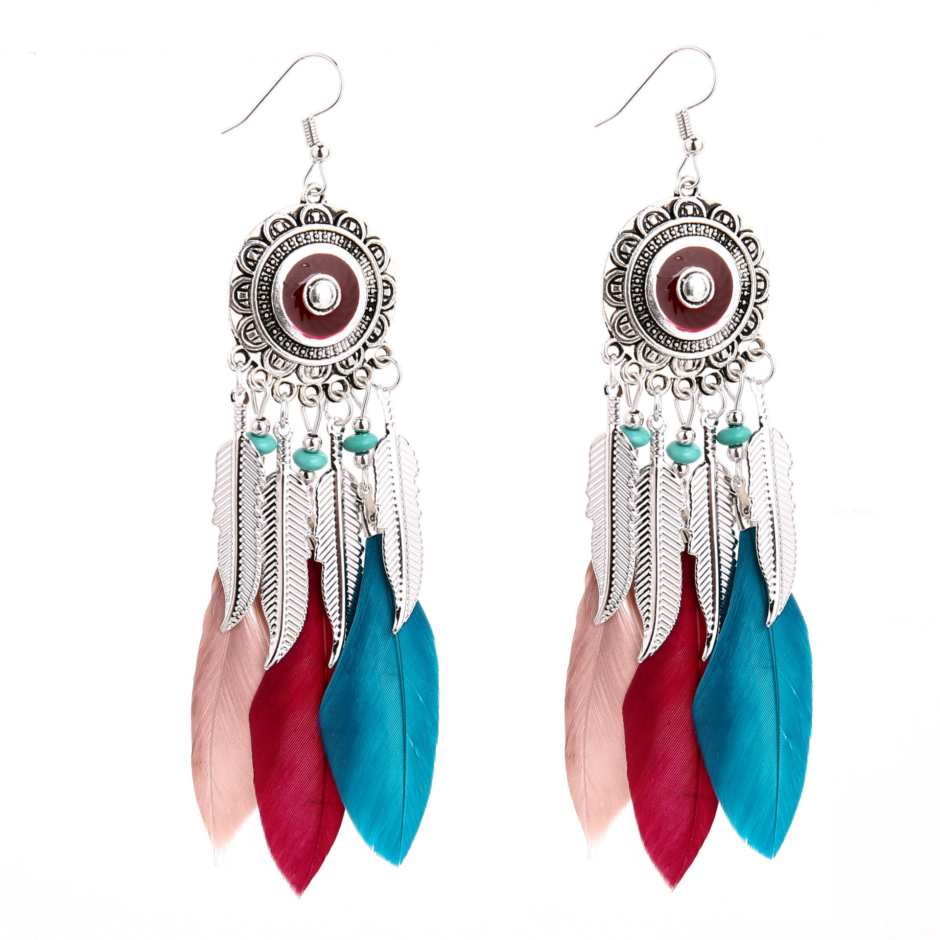 Wholesale Round Disc Tassel Earrings Bohemian Feather Chain Dangle Jewelry Accessory For Party Wear Boutique Resale