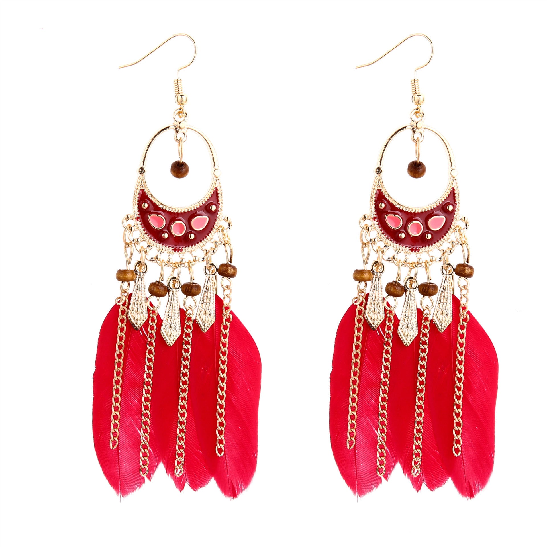 Wholesale Retro Bohemian Dreamcatcher Feather Tassel Long Drop Earrings Round Hollow Leaf Design Chic Travel Souvenir Jewelry Accessory