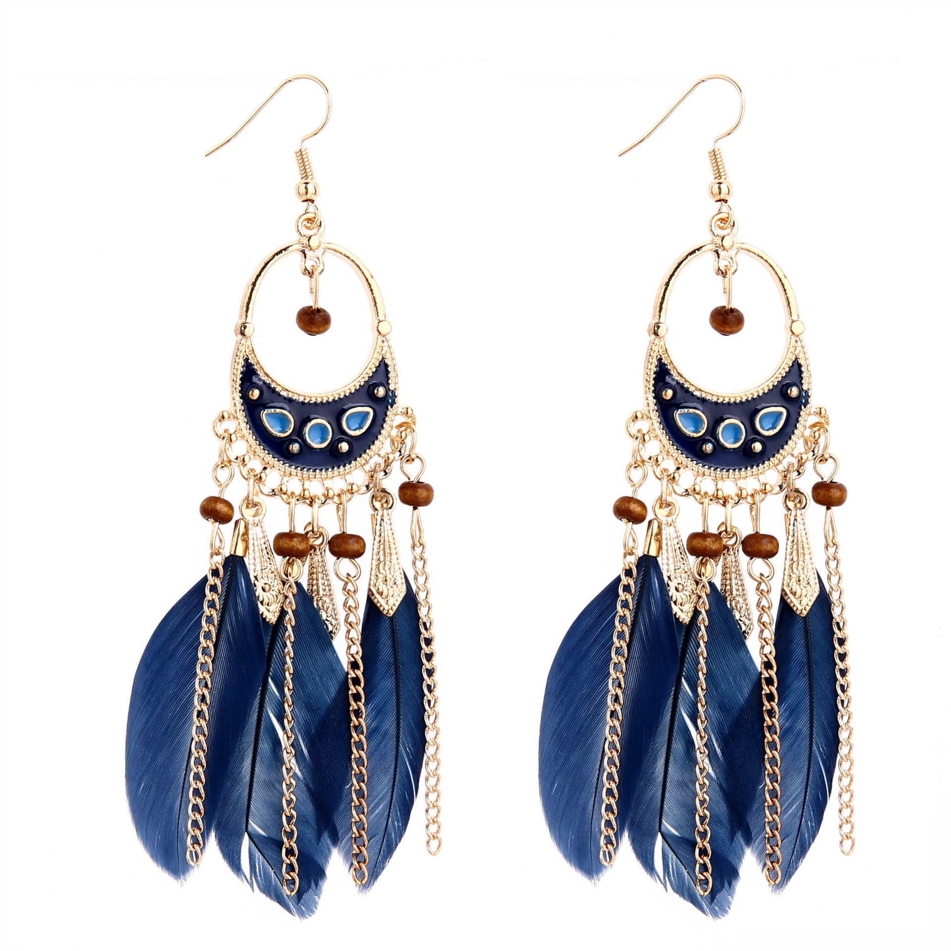 Wholesale Retro Bohemian Dreamcatcher Feather Tassel Long Drop Earrings Round Hollow Leaf Design Chic Travel Souvenir Jewelry Accessory