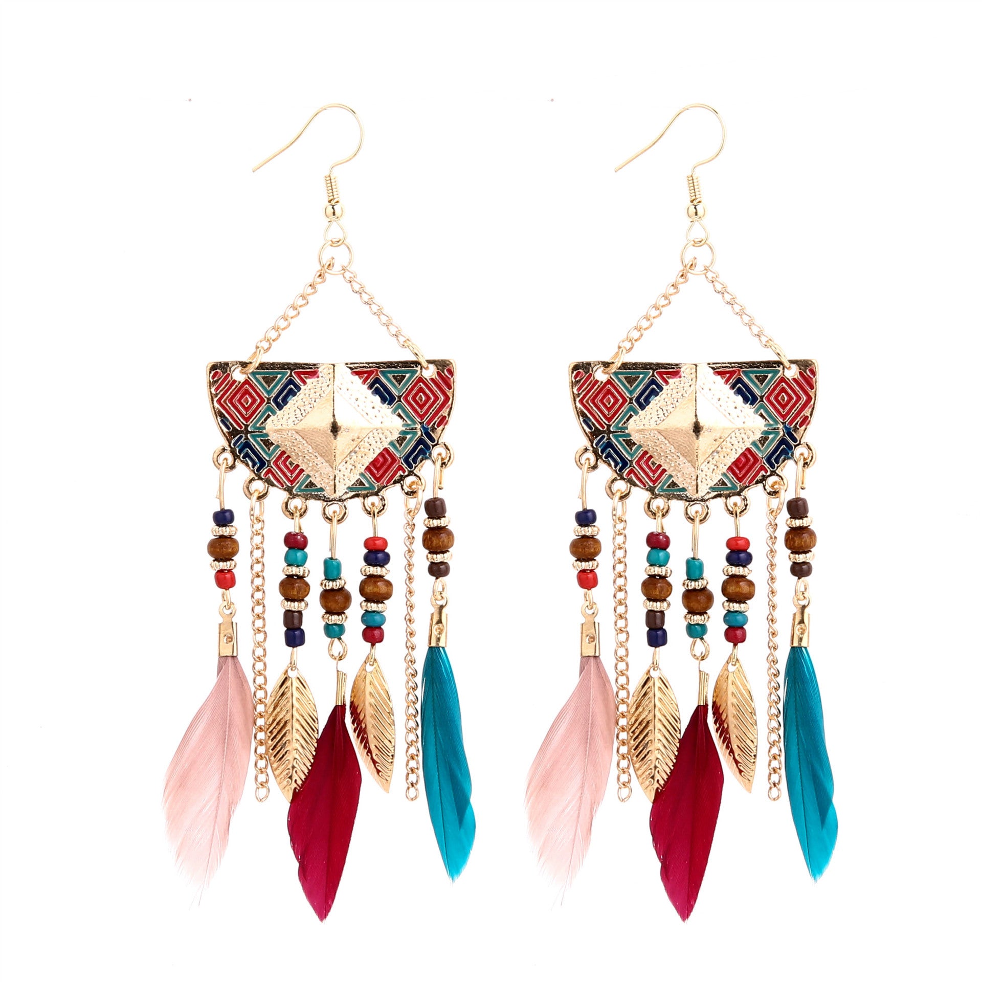 Wholesale Bohemian Earrings With Colorful Feathers And Beaded Tassel Travel Souvenir Gift Jewelry Accessory
