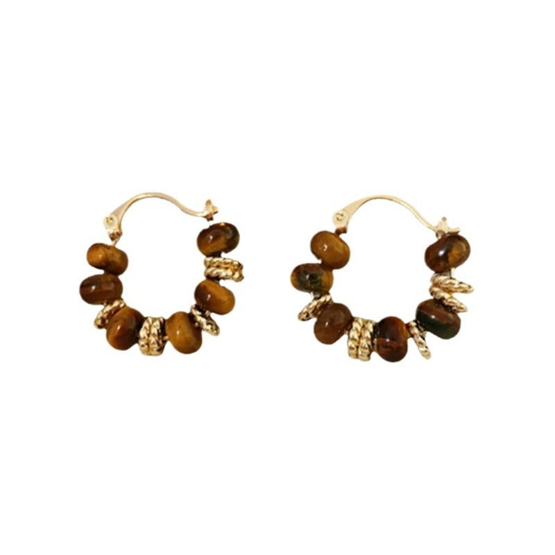 Wholesale Real Gold Electroplating Autumn and Winter Retro Fashion Temperament High-end Round Tiger Eye Stone Earrings