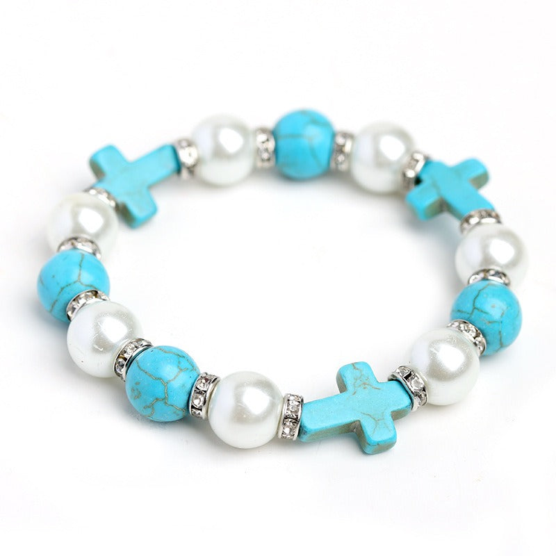 Wholesale Pearl Cross Turquoise Punk Bracelet