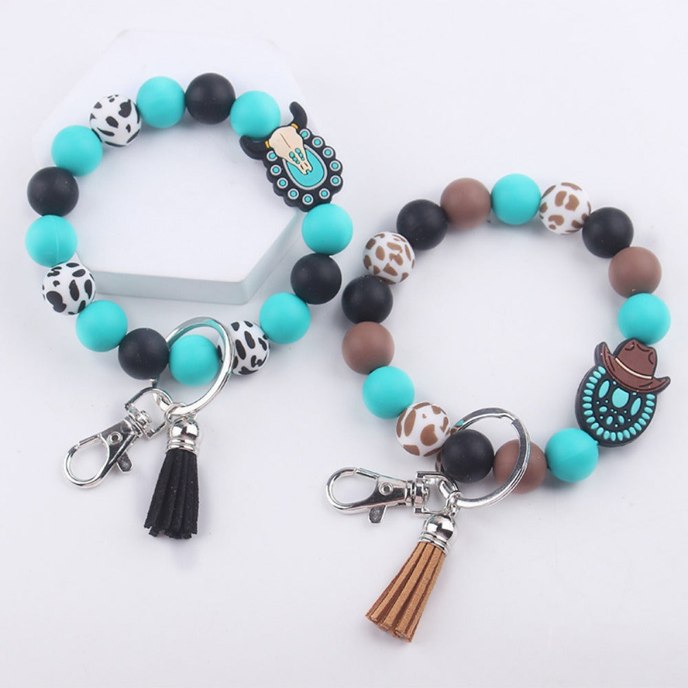 Wholesale Cartoon Western Style Cow Head Silicone Beaded Wrist Keychain