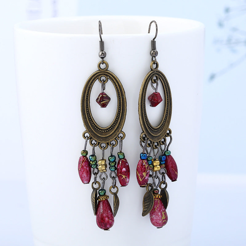 Wholesale Retro long tassel earrings stud bohemian