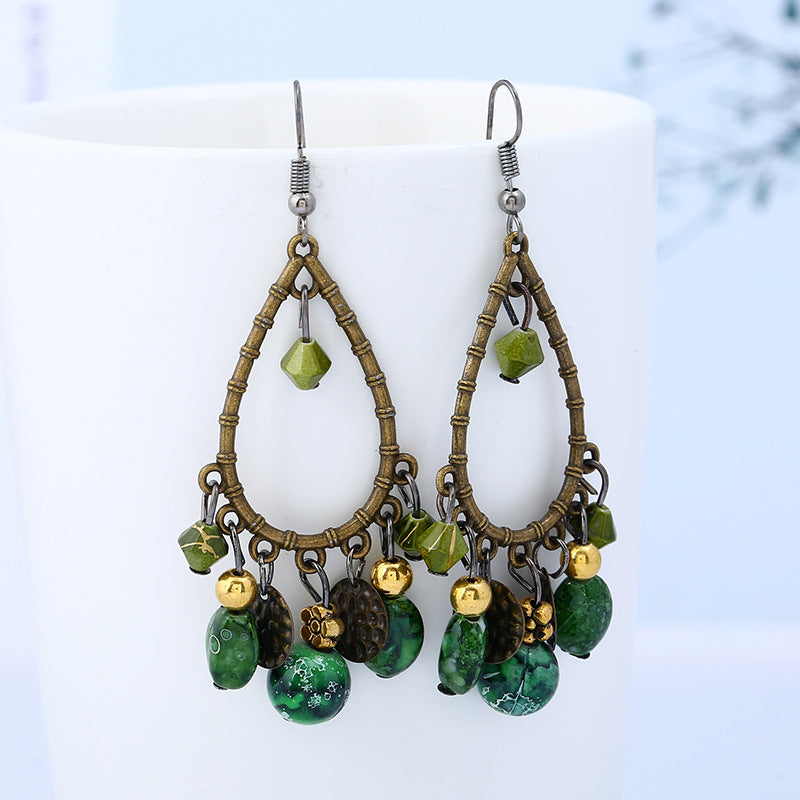 Wholesale Fashionable ethnic retro hollow water drop beaded tassel earrings