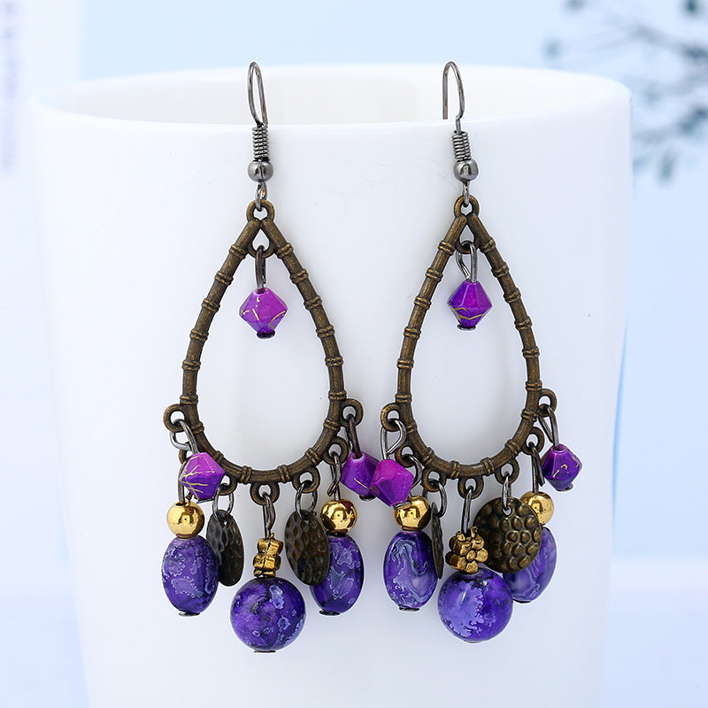 Wholesale Fashionable ethnic retro hollow water drop beaded tassel earrings