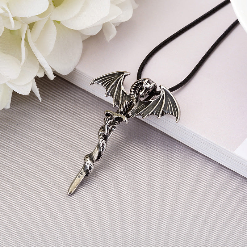 Wholesale Alloy Wing Dragon Ancient Silver Sword Night Glow Leather Rope Necklace