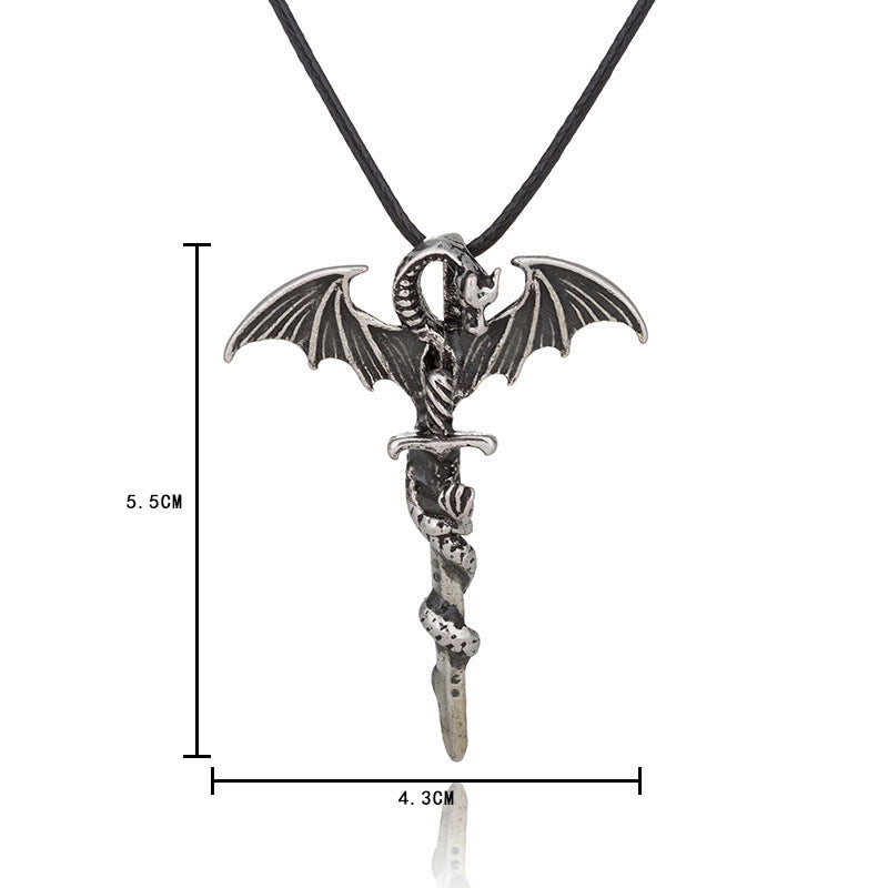Wholesale Alloy Wing Dragon Ancient Silver Sword Night Glow Leather Rope Necklace