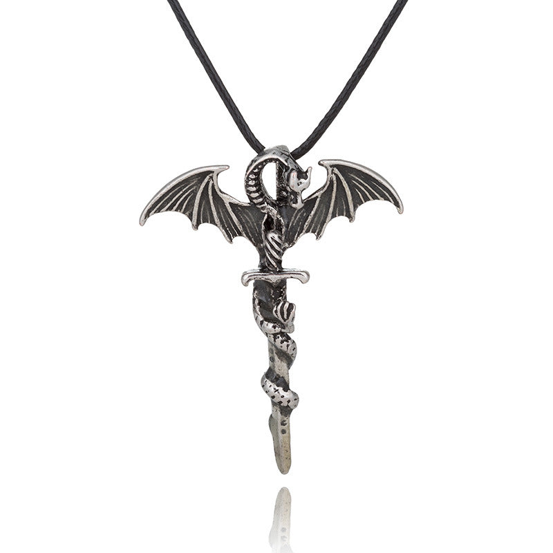 Wholesale Alloy Wing Dragon Ancient Silver Sword Night Glow Leather Rope Necklace