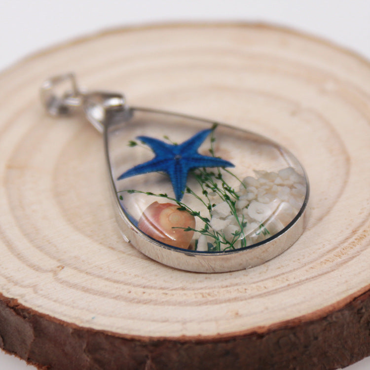 Wholesale 6pcs Natural Starfish Specimen Resin Dripping Glue Necklace