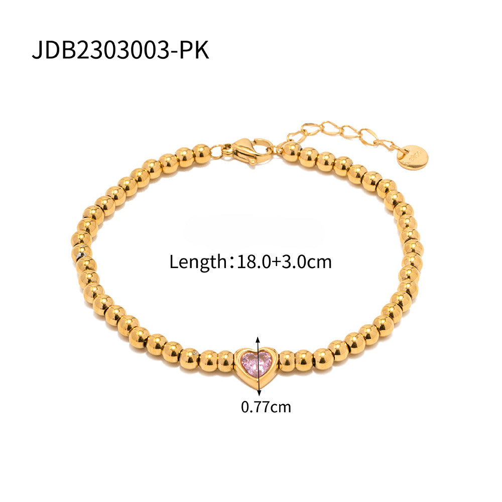 Wholesale Titanium Steel 16k Gold Bead Green Heart Zircon Bracelet