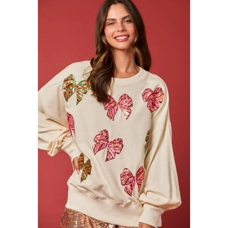 Wholesale Autumn/Winter Christmas Bow Shining Round Neck Long Sleeve Casual Women Clothes