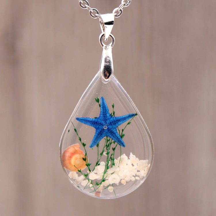 Wholesale 6pcs Natural Starfish Specimen Resin Dripping Glue Necklace