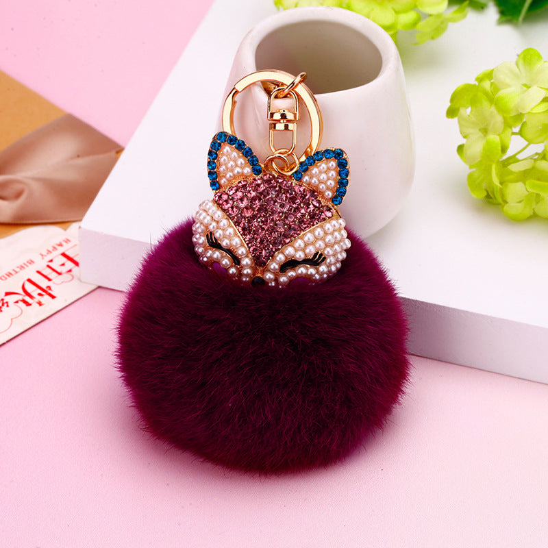 Wholesale Creative Water Diamond Fox Head Hairball Keychain