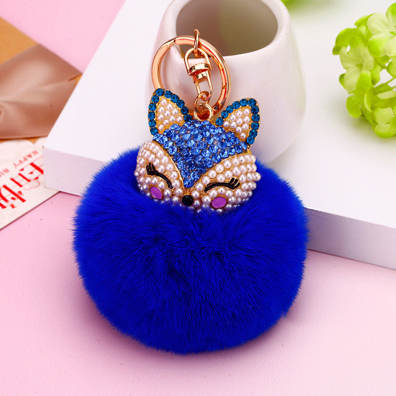 Wholesale Creative Water Diamond Fox Head Hairball Keychain