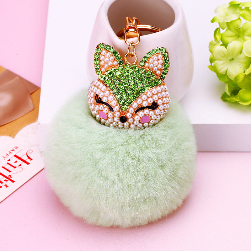 Wholesale Creative Water Diamond Fox Head Hairball Keychain
