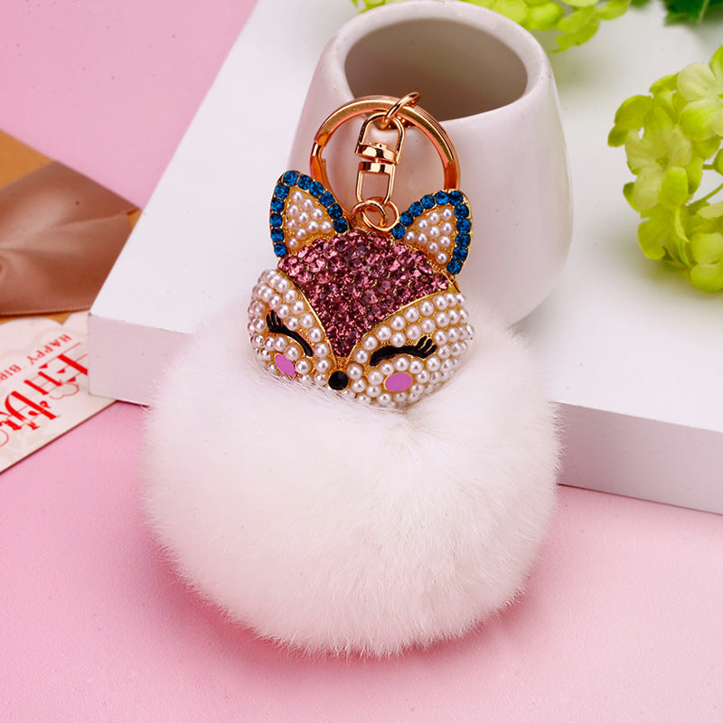 Wholesale Creative Water Diamond Fox Head Hairball Keychain