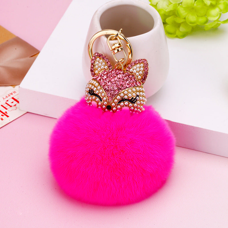 Wholesale Creative Water Diamond Fox Head Hairball Keychain