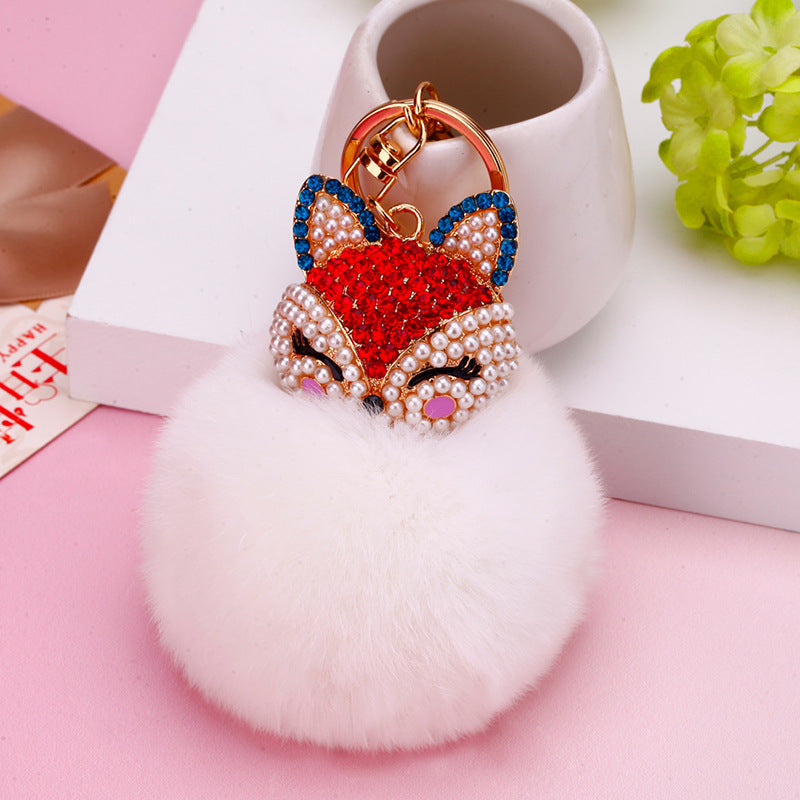 Wholesale Creative Water Diamond Fox Head Hairball Keychain