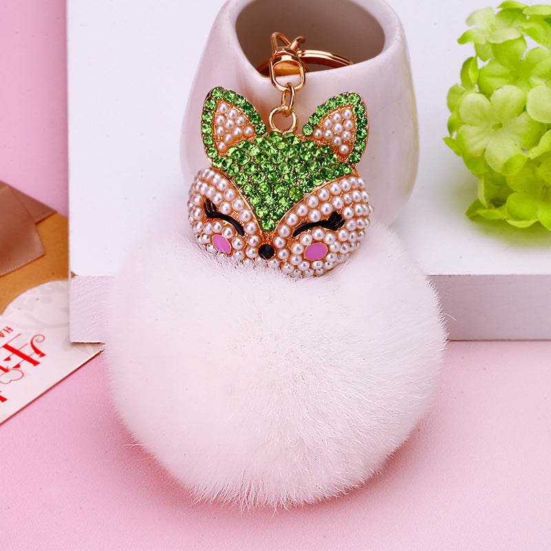 Wholesale Creative Water Diamond Fox Head Hairball Keychain