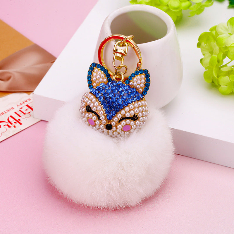 Wholesale Creative Water Diamond Fox Head Hairball Keychain