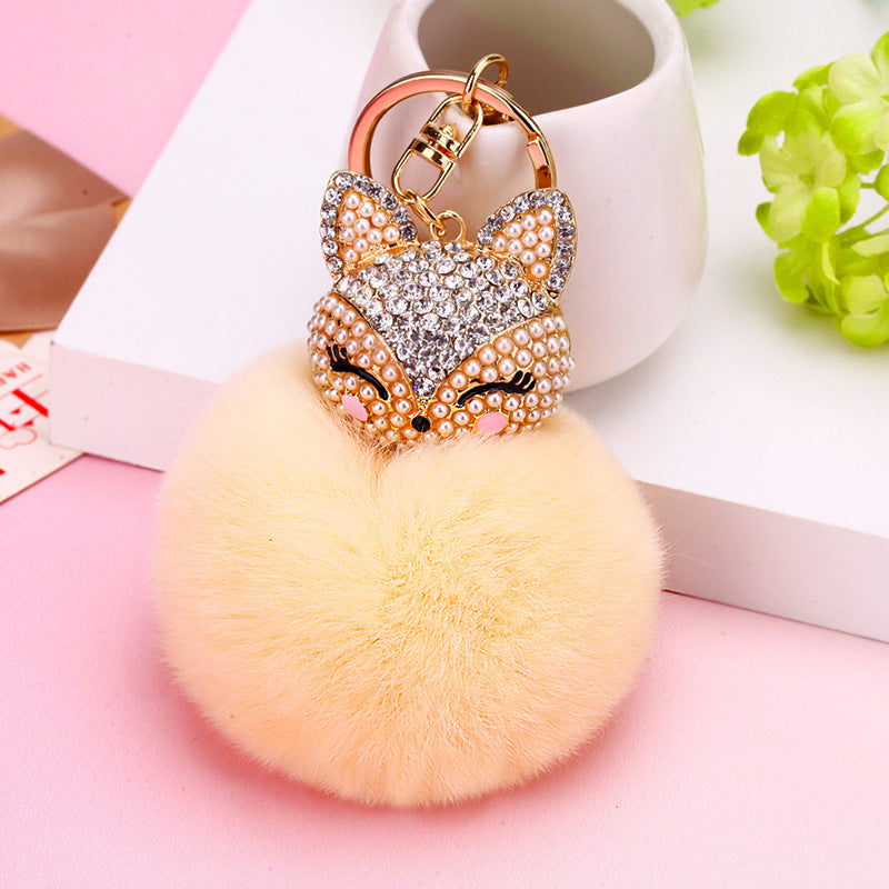 Wholesale Creative Water Diamond Fox Head Hairball Keychain